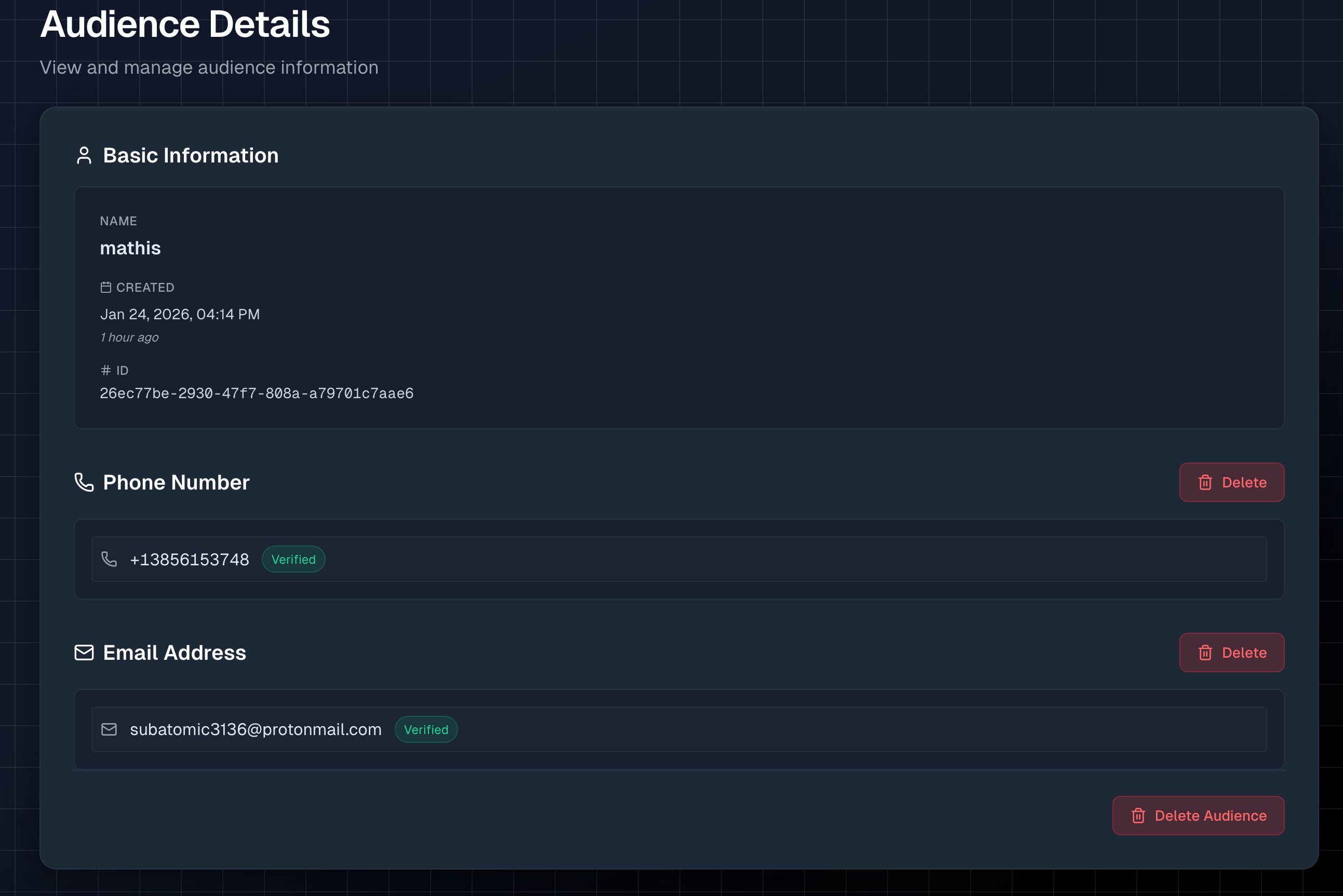 Notifox console audience details modal showing fields to add and verify phone numbers and email addresses