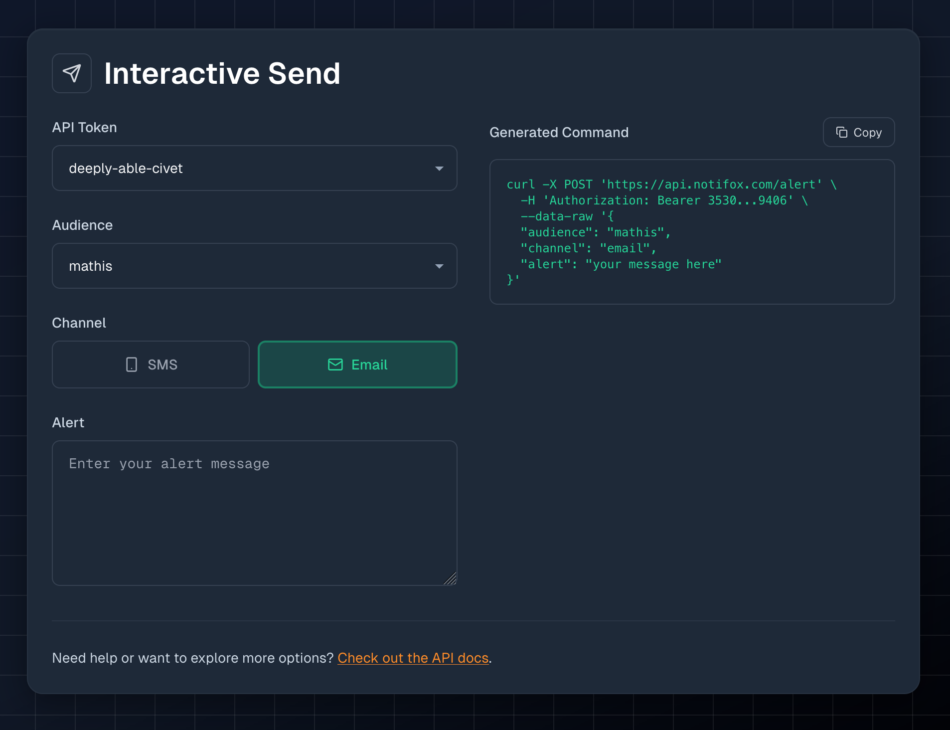 Notifox console Interactive Send tool with audience selector, channel dropdown for SMS or email, and message input field
